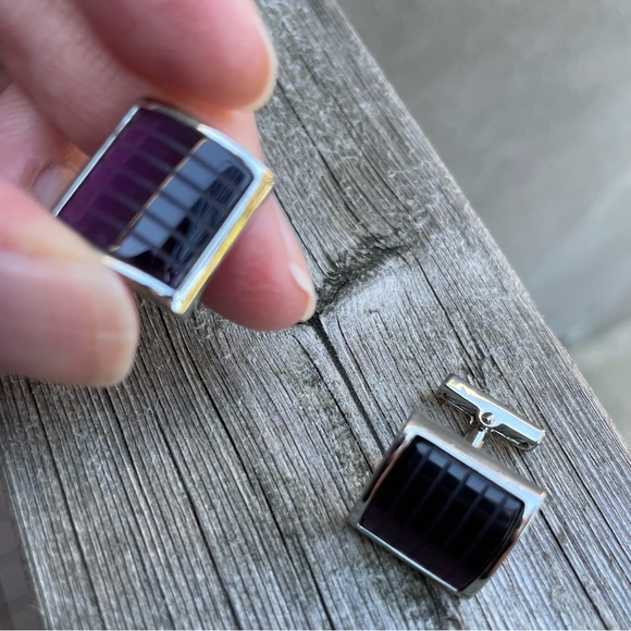 🟪 🟪 Kenneth Cole New York Amethyst Purple Striped Glass Silver Tone Cufflinks - Picture 10 of 12